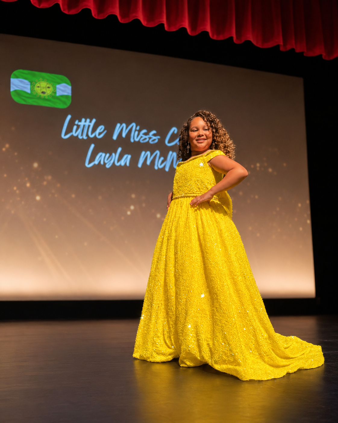 Layla McNair appears on stage in evening gown.